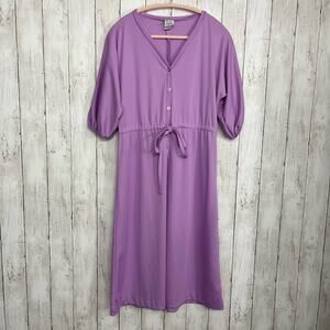 Avon Purple V Neck Peasant Sleeve Tie Waist Button Front Vintage Midi Dress 9/10